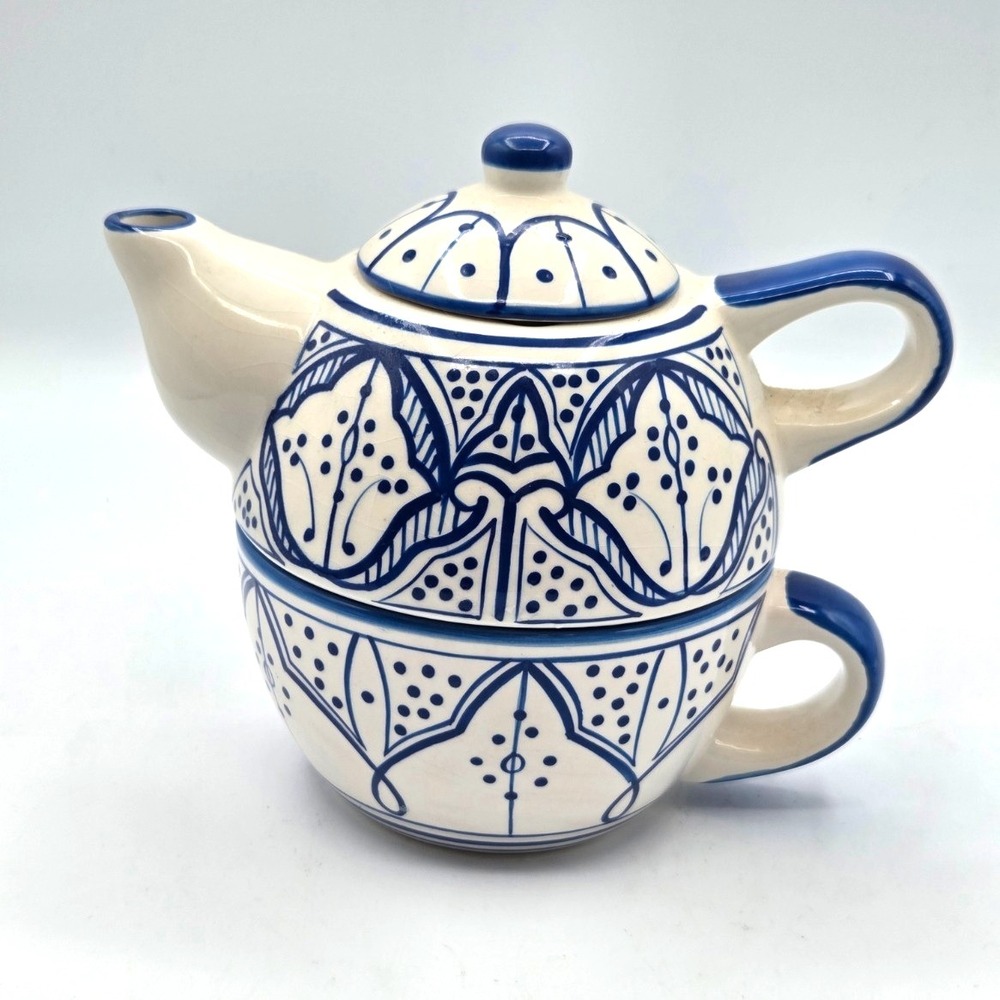 VINTAGE Moroccan Inspired TeaPot Tea For One 3 Piece Blue & White - Thailand